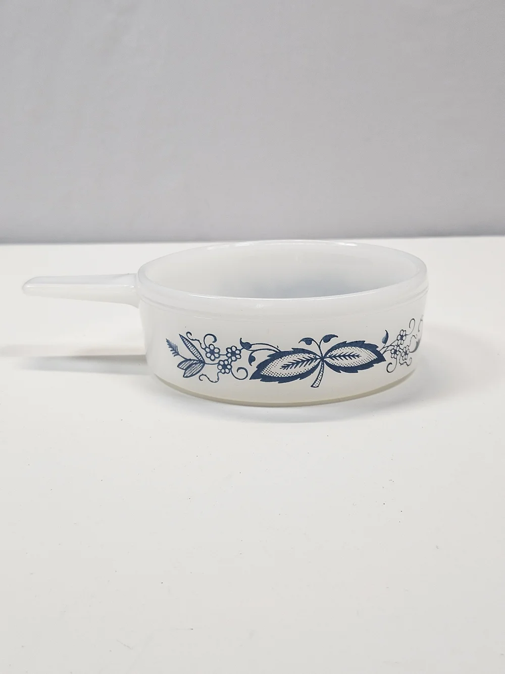 Vintage Glasbake Blue Onion Milk Glass Soup Chili Bowl Single Handle J-2639